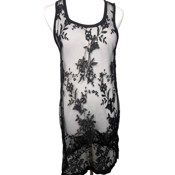 Black Lace Sheer Whimsigoth Dark Fairy Witchy Floral Embroidered Tank Dress XS - Picture 2 of 8